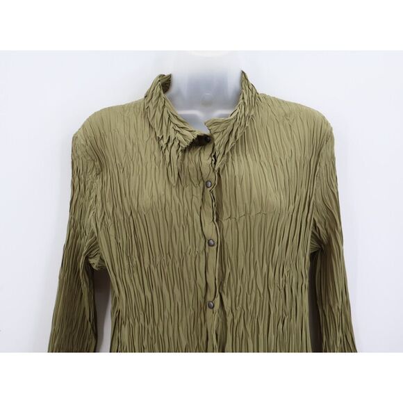 Babette Crinkled Stretch Snap Front Long Sleeve Blouse Shirt Top Size S Green - Picture 2 of 6